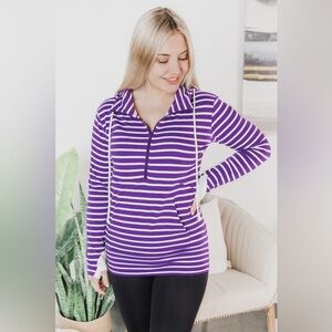 Vanilla Bay Womens Striped Pullover Half Zip Hoodie Size XS Purple Stretchy Gym